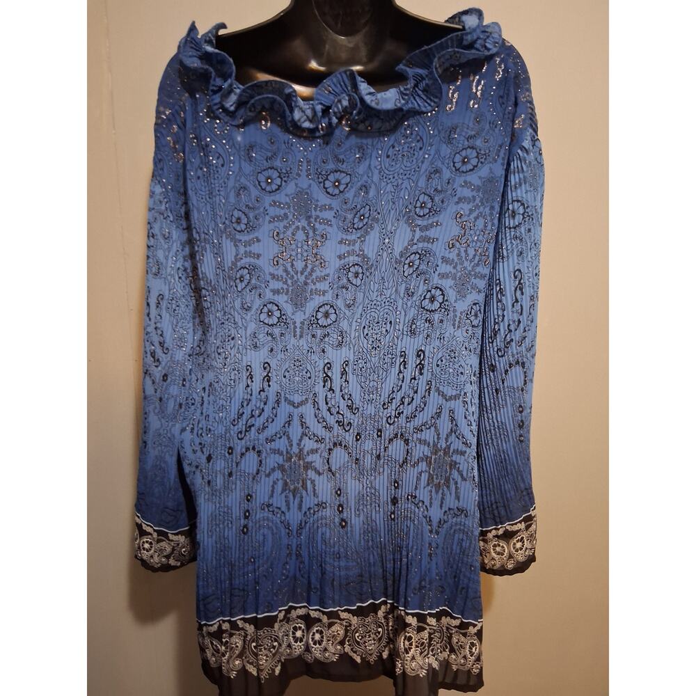 Dressbarn Shirt 2X Blue Ruffled Paisley Floral Tunic Blouse Lightweight Top - Picture 6 of 12
